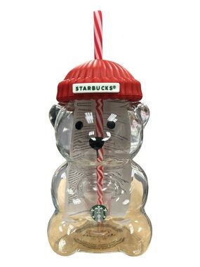 Starbucks Clear Bear Cup with Red Beanie Lid and Red-White Straw